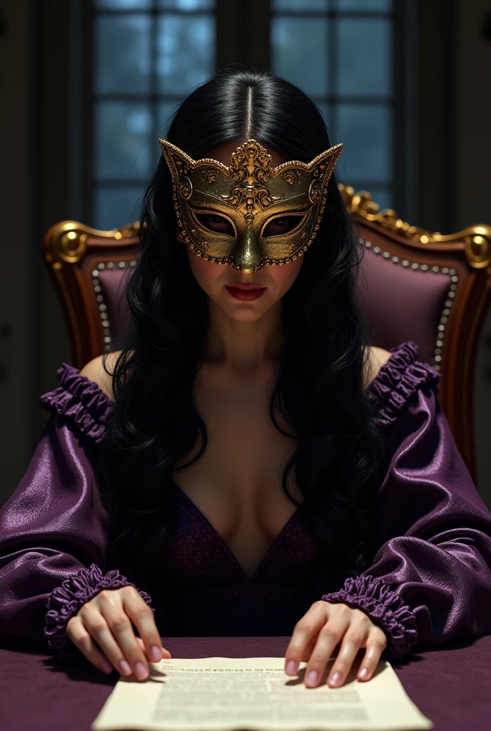Princess, black long curly hair wearing dark purple shiny dress and full gold opera mask . Sitting on the table with paper on her hands. In the darkness of night.