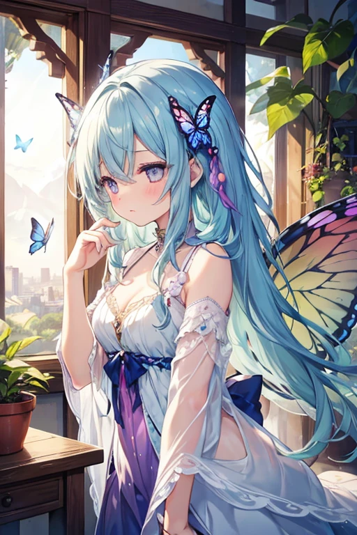 Sleepy eyes, goddess, a girl, just woke up, coming out of cocoon, butterfly wings
