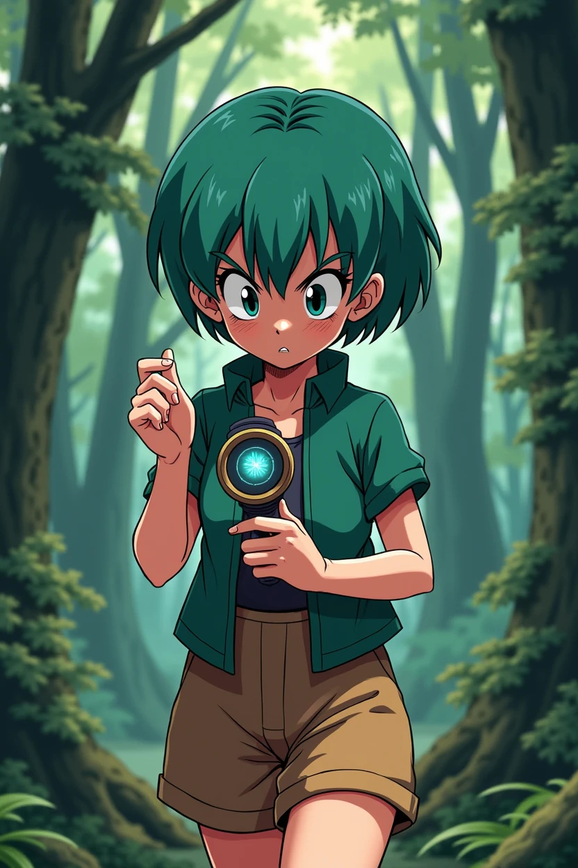 Create an illustration of Bulma from Dragon Ball, walking through a dense forest while looking down at the Dragon Radar in her hand. Bulma should have an intense and focused expression: her eyes are wide open and concentrated, with slightly narrowed pupils, and her eyebrows are furrowed, showing determination. Her body is slightly leaned forward, and the Dragon Radar is close to her face, emitting a soft glow. One hand is holding the radar, while the other is either gesturing or moving a branch out of the way. The forest around her is lush and green, with soft natural light filtering through the trees.