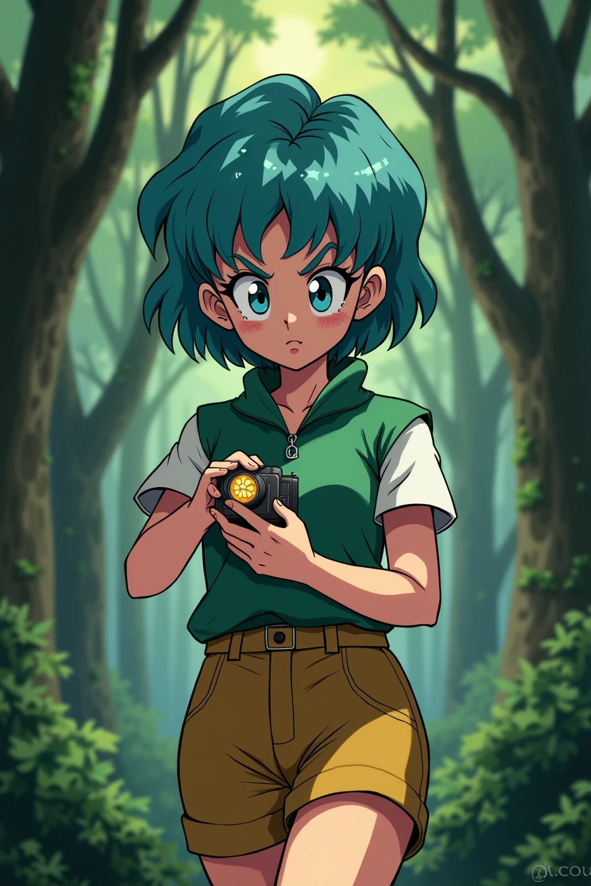Create an illustration of Bulma from Dragon Ball, walking through a dense forest while looking down at the Dragon Radar in her hand. Bulma should have an intense and focused expression: her eyes are wide open and concentrated, with slightly narrowed pupils, and her eyebrows are furrowed, showing determination. Her body is slightly leaned forward, and the Dragon Radar is close to her face, emitting a soft glow. One hand is holding the radar, while the other is either gesturing or moving a branch out of the way. The forest around her is lush and green, with soft natural light filtering through the trees.
