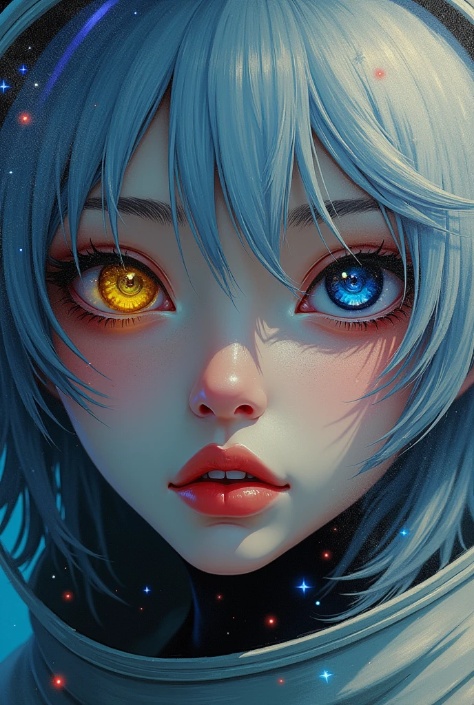 (Close-up of a better masterpiece:1.5)0.9], (Space and astronauts:1.2) (Messy silver hair:1.1) (Heterochromia xanthochromia and blue eyes:1.2) (Space Helmet:1.0) (Colored stars in the eyes:1.0) (A radiant glow:1.1) (thick lips:0.9)