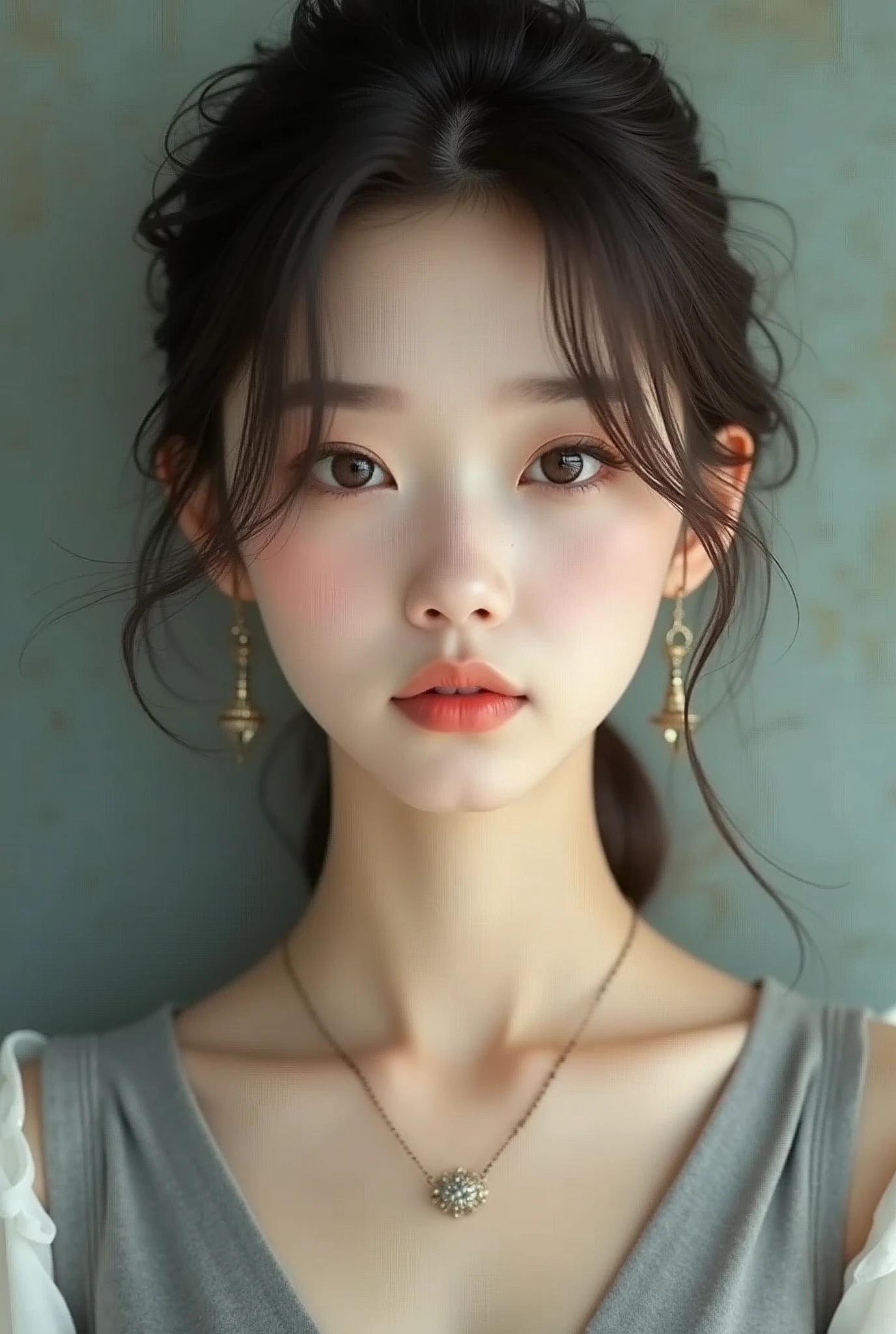Alafid (Arafed) Asian woman wearing necklace and grey vest, beautiful young Korean woman, gorgeous young Korean woman, beautiful south Korean woman, Korean Girl, a Young Asian woman, Korean woman, Young and cute Korean face, Portrait of a Korean female idol, Young Asian Girl, Beautiful Asian girl, Young Asian woman, Young cute pale Asian face