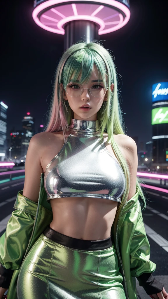 A young woman with lime green hair and blue highlights, wearing a metallic crop top and a silver vinyl skirt. She is posing on top of a tall building in a futuristic city, with pink and green neon signs illuminating the scene. Neon glasses reflect the lights in the background, creating a vibrant and futuristic style. 8 k quality.