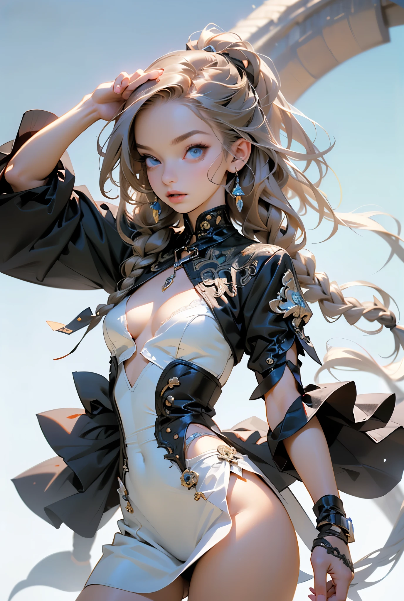 (((masterpiece, of the highest quality, super detailed))), ((a female knight of an occult order)), (an occult saint), (combat pose), (ready for combat), (resolved expression), (resolute expression), (((flat chest))), ((flat chest:1.1)), ((nier automata meets bloodbourne)), ((Edwardian era inspired)), ((minimal but intricate beautiful armour)), (big forhead:1.2), extremely detailed cute anime face, ((((long twin braids,tight braids,long braid,braided hair,long hair)))), ((ponytail, thick ponytail, heavy ponytail)), (((Fluttering lace flared dress with frilly petticoats))), ((((Highly detailed face))), (((Very sharp focused eyes))), very long eyelashes, ((small breasts)), (((flat chest:1.1))), occult aesthetic, (red and white clothing detailed and intricate steampunk and detailed gothic), (with a hood), complex lace boots, (full body)
