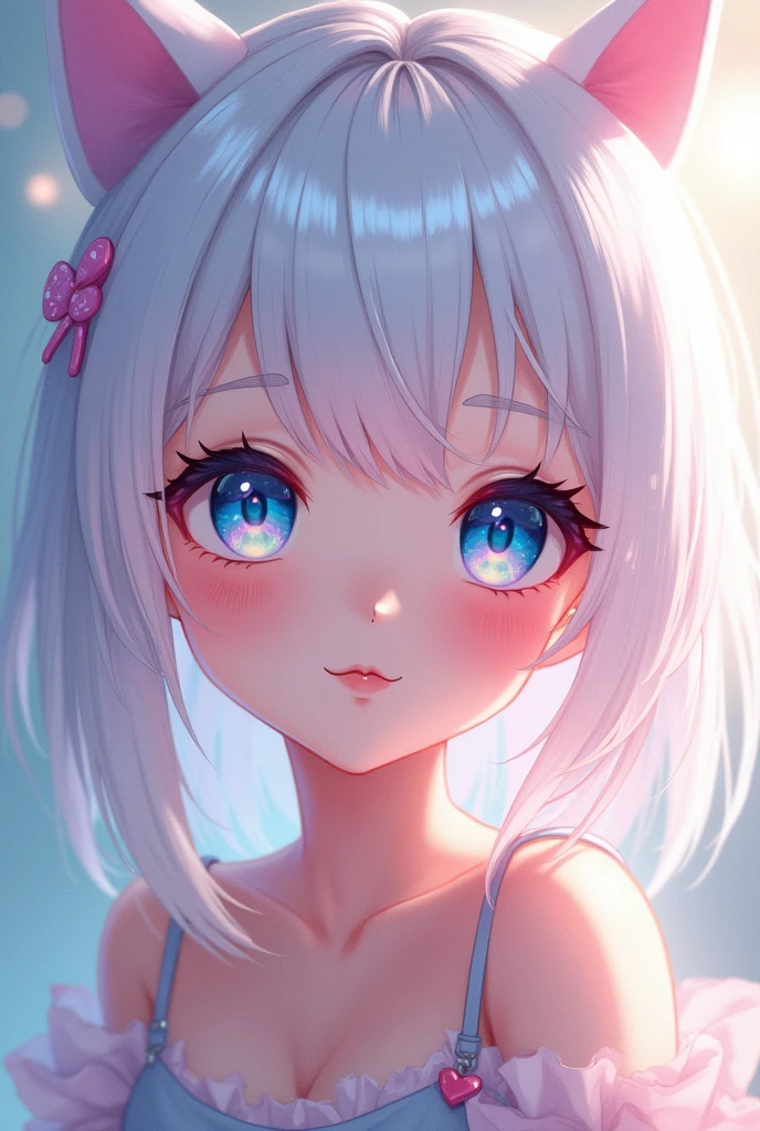16 year old anime girl with white hair and pink highlights with blue eyes
