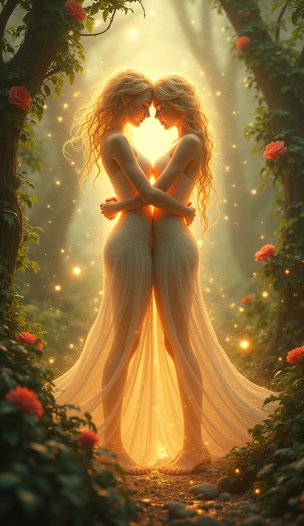 Cosmic soul couple with nature green background and golden tones