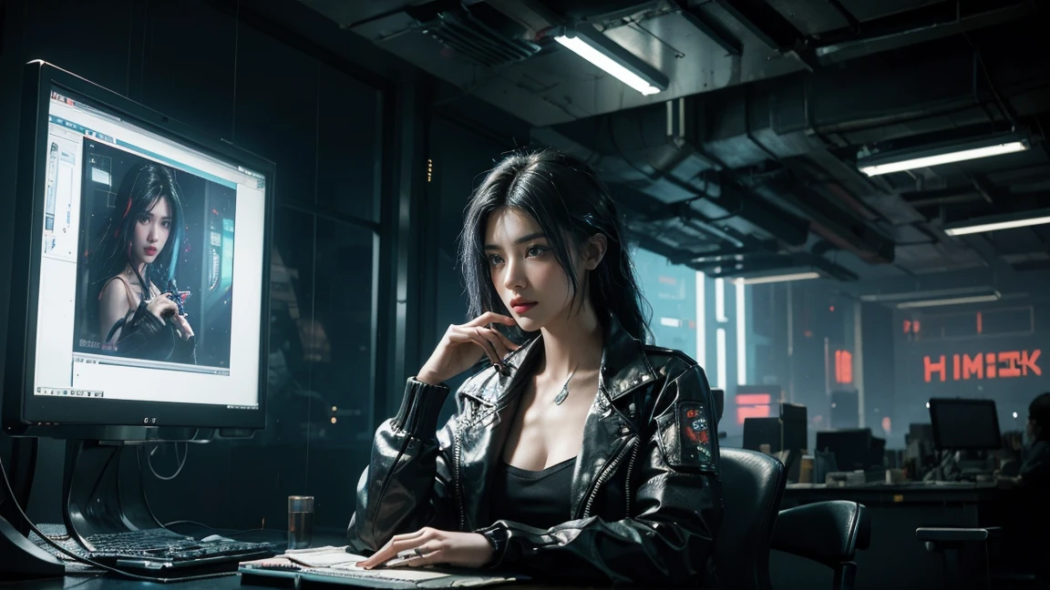 Beautiful woman sitting in office with book in hand. ((cyberpunk style)), operating pc, high tech city, machine enhanced, (high tech fantasy), robotics, 3D game, Blade Runner, Ghost in the Shell, it's raining