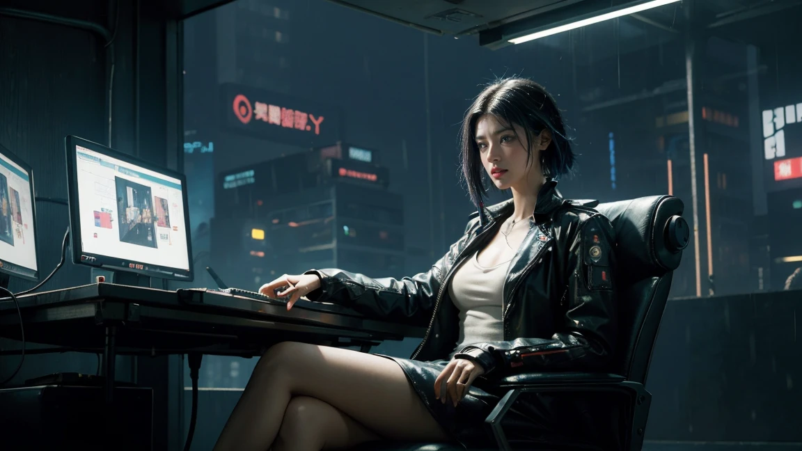 Beautiful woman sitting in office with book in hand. ((cyberpunk style)), operating pc, high tech city, machine enhanced, (high tech fantasy), robotics, 3D game, Blade Runner, Ghost in the Shell, it's raining