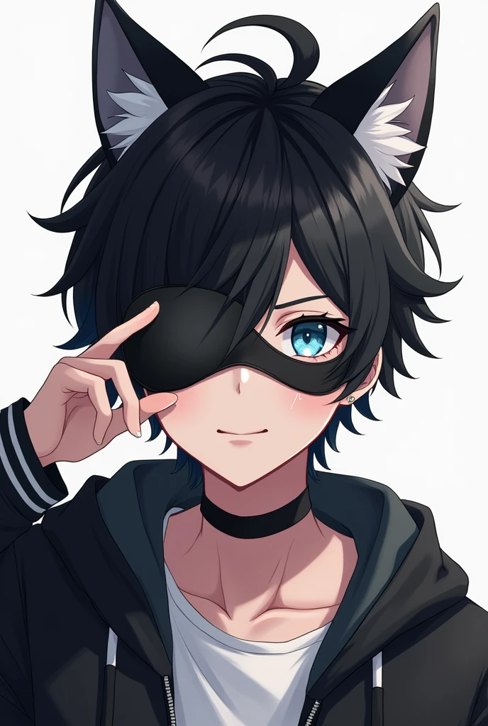 Men's Anime , cat ears , handsome , Wear a black eye mask , Black and white hair