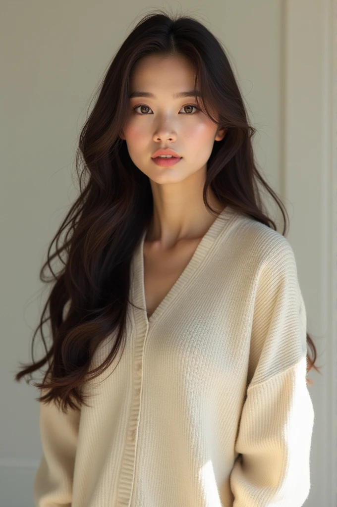 Woman in her 30s, brunette in a sweater, all Japanese chic 

