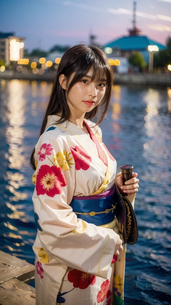 Masterpiece, best quality, ultra high resolution, hyper realistic, realistic, (photorealistic:1.4), masterpiece of analog film photograph a girl, long black hair, blunt bangs, taken by Hideaki Hamada using Pentax 67II and Kodak Portra, medium shot, looking to viewer, standing by a riverside at night, watching fireworks, She is dressed in a traditional, elegant yukata with a floral pattern and an obi sash, The background shows colorful fireworks lighting up the night sky, reflections on the water, and people in the background enjoying the festival, High-resolution, realistic depiction, with a touch of elegance and allure, anatomically correct