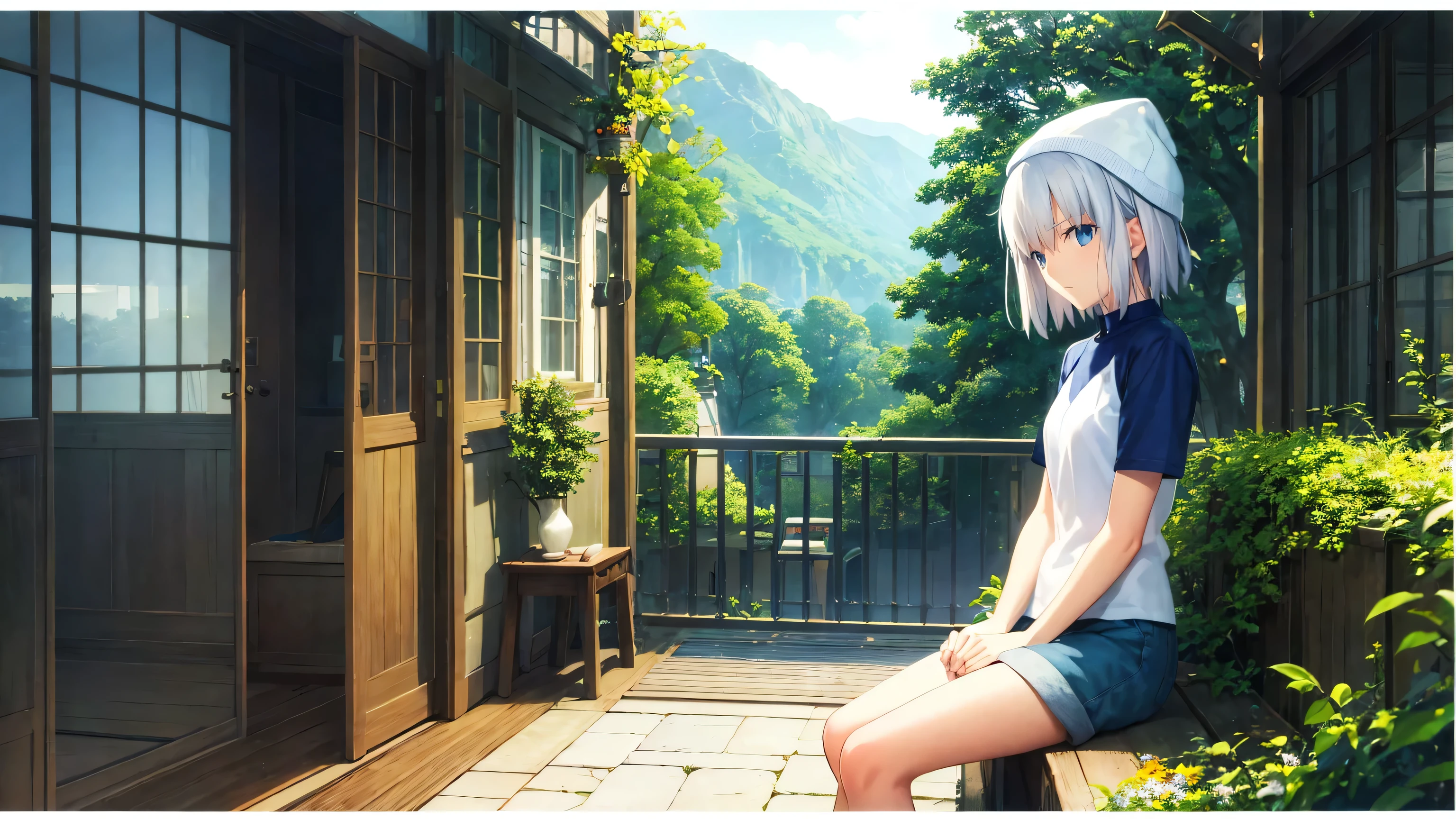 Highest quality、masterpiece、One girl、、Short silver hair、Blue eyes、Cat knit hat、Short sleeve、Shorts、Novelist、nature、Study
