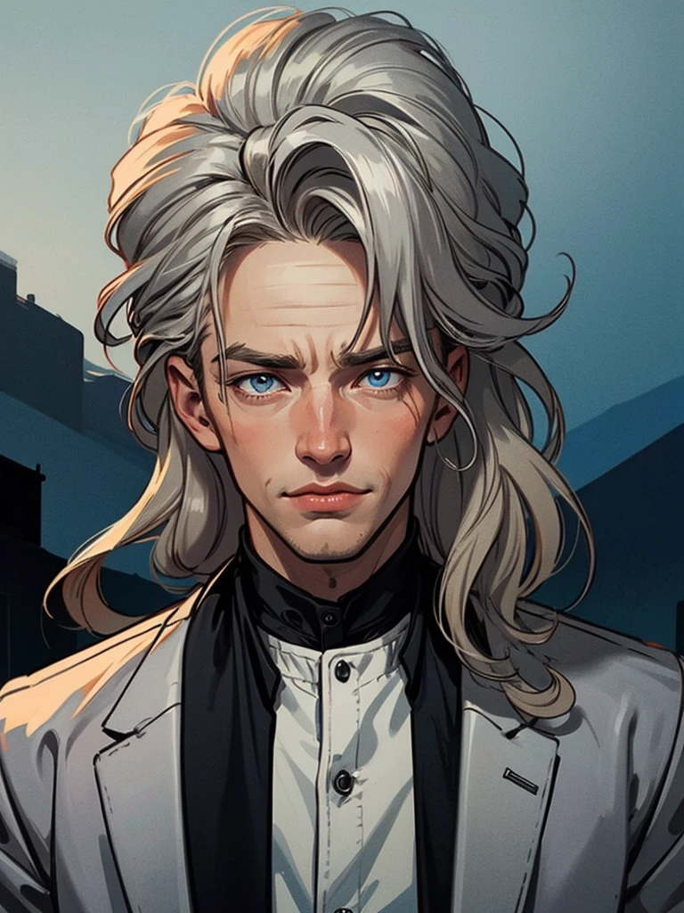 ((adult male)) (male), handsome man, perfect face, evil smile, manly man, gray coat, black suit, one adult man, beautiful long straight platinum hair, blonde hair, blue eyes, white Victorian shirt, handsome face, straight blond hair, (long silver hair), Hair in detail, dramatic, harsh, tense, distorted face, nightmare, complex details, over-detailed, cinematic, dark shot, film grain, soothing tones, muted colors, technicolor BREAKTHROUGH outdoors, twilight, breakthrough in ray tracing,
