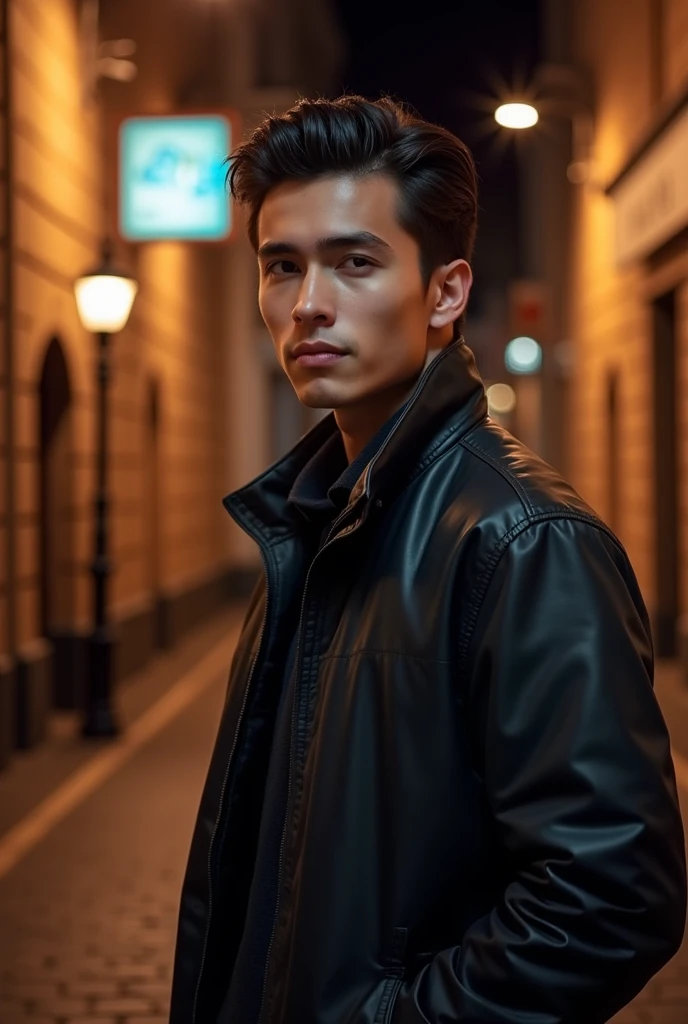make a realistic photo, full body shot handsome man from Indonesia aged 22 years, he has a sharp oval face and 172 cm tall, slicked back hairstyle, use a jacket with shoes, when it midnight like in real life. background photo in the beatles story museum, England. realistic photo, vivid colors, underground view, full body shot, sharp, very good, premium quality, professional photography, hyper realistic, natural lightning