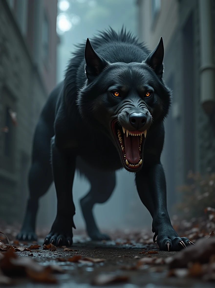 Create an image of a vicious dog with dull black fur and piercing eyes that convey coldness and malice. The dog must have a threatening posture, with visible teeth and a fierce expression. Your body should be tense and ready to attack., reflecting their aggressive and dangerous nature. The surrounding environment should accentuate your threatening presence, perhaps with deep shadows and a dark setting that amplifies the feeling of fear and unease."