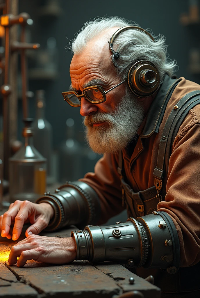 An old man with multiple steampunk style mechanical implants, working in a forge while wearing very aesthetic glasses, Adds background decoration of a laboratory