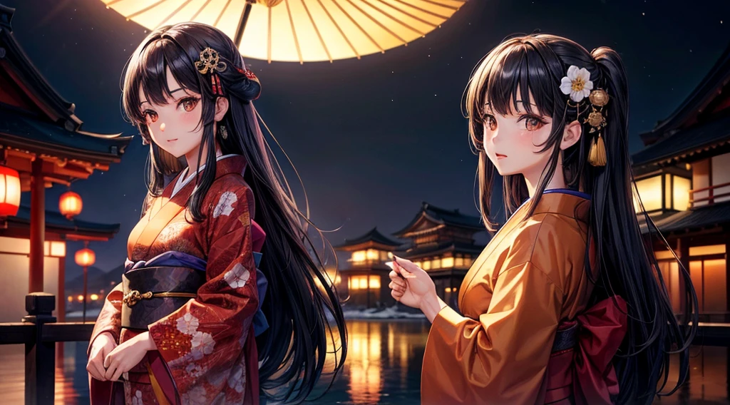 One girl, Long black hair, Brown eyes, Wearing a beautiful Japanese kimono, Kyoto,night,High resolution, Super sharp, 8k, masterpiece, View your viewers