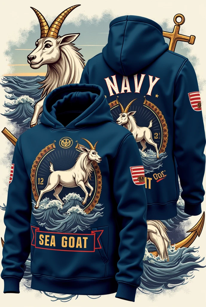 On the front of the sweatshirt, You could have the Navy emblem with a sleek and stylish design. On one side of the emblem, you could include the figure of a sea goat, with curved horns and a majestic look, symbolizing strength and determination.
On the back of the sweatshirt, could you have a more detailed illustration of the sea goat in action, perhaps jumping over the waves or surrounded by naval elements such as anchors and rudders. You could also include the Navy motto in fancy letters below the goat image..
For the colors, you could use shades of navy blue, white and gold to give it a classic and elegant look that reflects the naval tradition. You could also add red details to highlight certain elements and give it a touch of contrast..
I hope this idea inspires you to create a unique and original design for your naval sweatshirt with a goat!