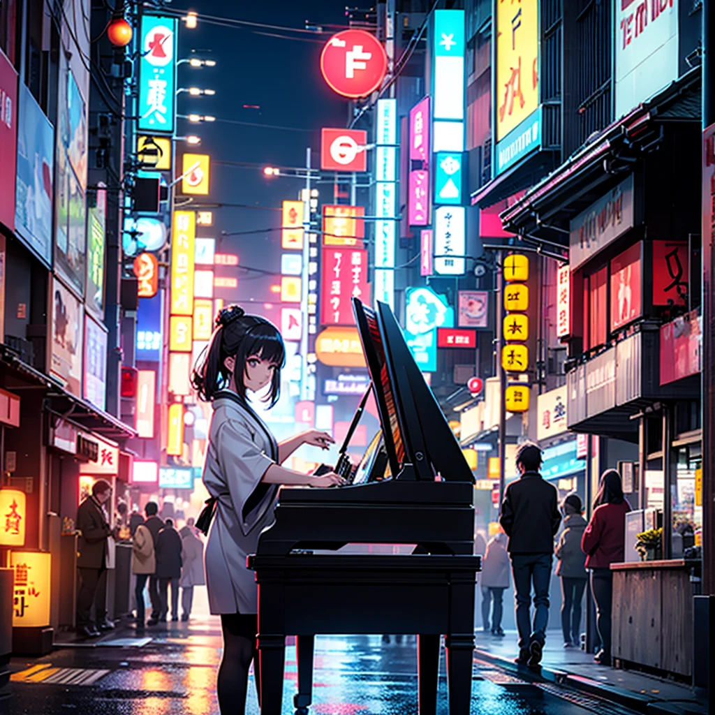 Japanese pianist in a neon city