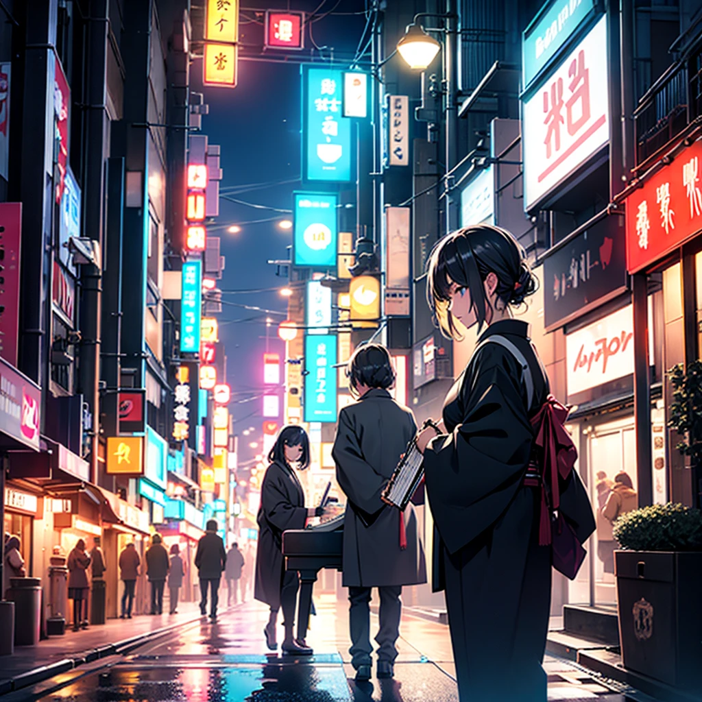 Japanese pianist in a neon city
