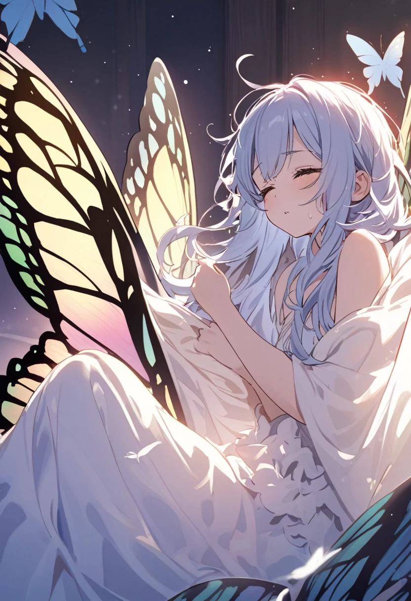 Sleepy eyes, goddess, a girl, just woke up, coming out of cocoon, butterfly wings
