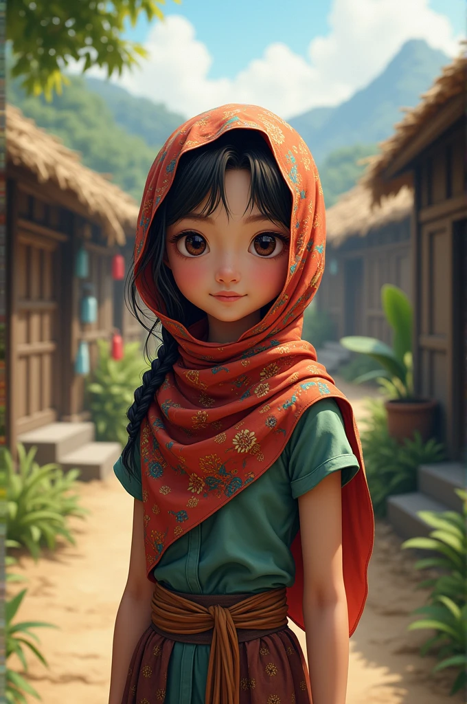 Cute village girl wearing a batik scarf on her head in a realist quality fan village atmosphere 