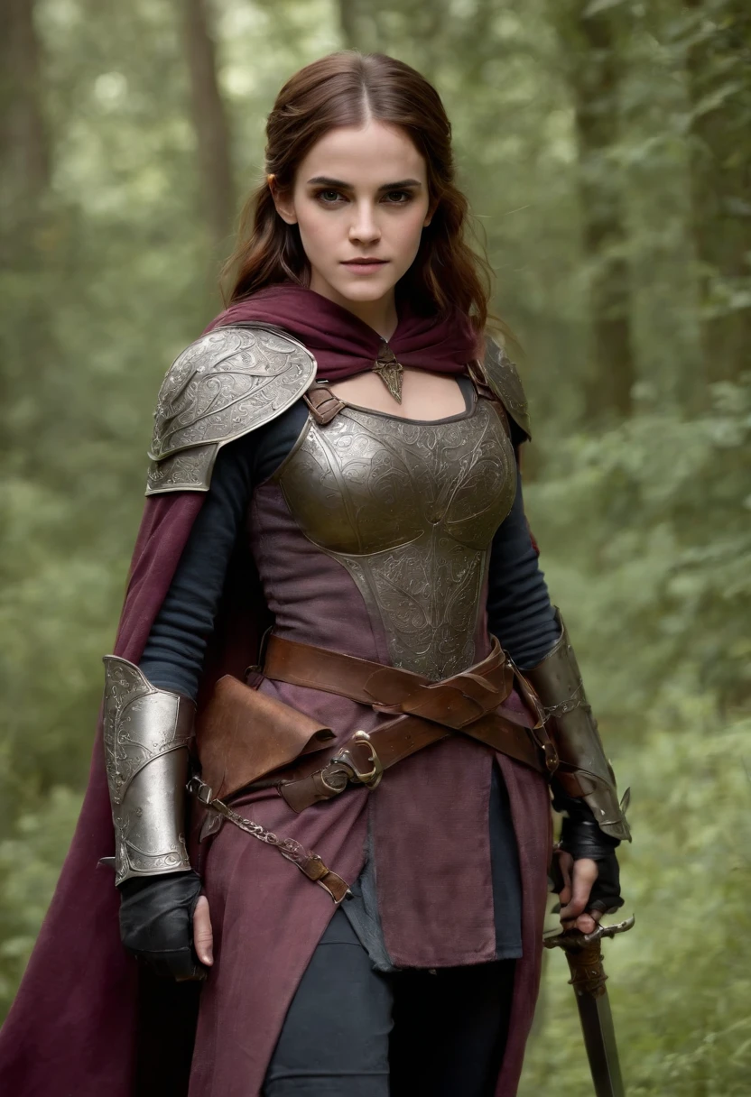 (Emma Watson) long hair,  brown skin, full body in the image. Your figure, busty, Curvy, proper steering, Cat's ears, cat tail, Magenta hair color, dark magenta eyes, Brown skin, with sword in hand, large tattered cloth like cape wrapped around waist, chest armor, gauntle, black long sleeve shirt under armor, chest armor, hooded cloak, Properly designed sword, magic sword, cloth wrapped around the waist, Sword properly drawn in hand, bunny ears, Cat tail digital painting, digital illustation, extreme detail, digitl art, knight armor, Baggy Puffy Pants, metal boots, fully armored. cloth wrapped around the waist. Hold a sword with both hands.