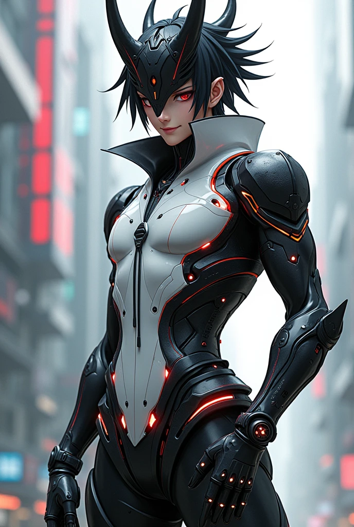 make me an oc with black hair oni mask tight clothing and futuristic cyberpunk style smiling male with white clothes with black contrast and cyborg parts
