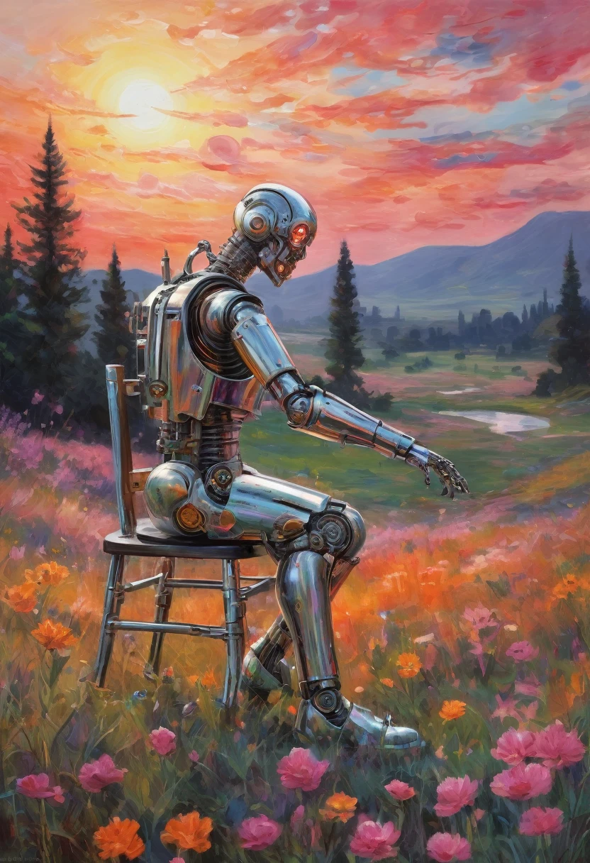 (A metallic cyborg:1.8), (Claude Monet Style:1.3), The image depicts a tranquil landscape following the principles of the Impressionist era, A metallic cyborg sits in a chair on a softly lit lawn, Holding an easel, Concentrate on capturing the beauty of the sunset, The sky is painted with brilliant colors, orange color, Swirls of pink and red depict the fleeting moments typical of nature, This is a hallmark of the Impressionist movement, Hands busy painting a landscape with bright watercolor pens on a canvas, Represents  from the elements