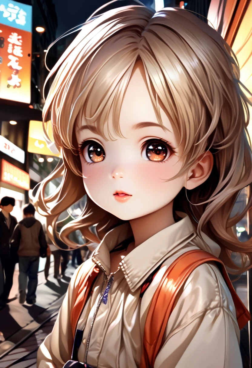 1girl, Tokyo street,night, cityscape,city lights, upper body,close-up, 8k, RAW photo, best quality, masterpiece,realistic, photo-realistic, Child Anime v1, lolicon 