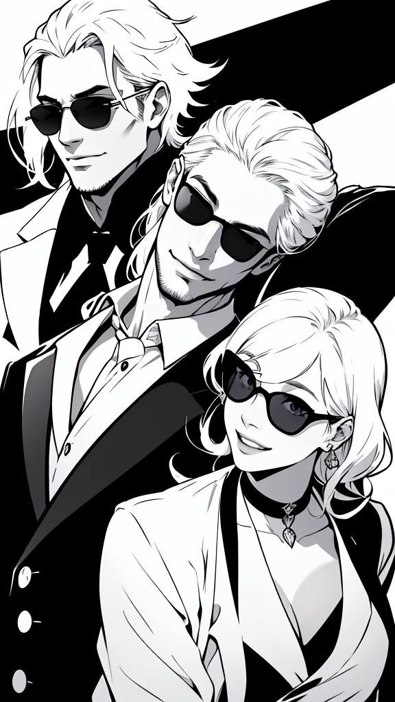 Monochrome、A black suit with a white open shirt that shows his collarbone、Smooth white hair down to her back、Eyes showing through sunglasses、Handsome man holding candy and smiling while looking at camera、Hair up to the neck、