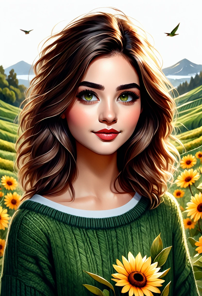 Uma ilustracao em aquarela de uma mulher com uma flor na mão e um suéter verde, realistic bonitinho girl painting, bonitinho art style, bonitinho detailed artwork, beautiful estilo de desenho, bonitinho illustration, bonitinho digital art, bonitinho detailed digital art, ilustração serena, bonitinho artwork, bonitinho drawing,  com cara de flor, tendências em arte, estilo de desenho, bonitinho cartoon, 🍁 bonitinho, ilustração de estilo cartoon