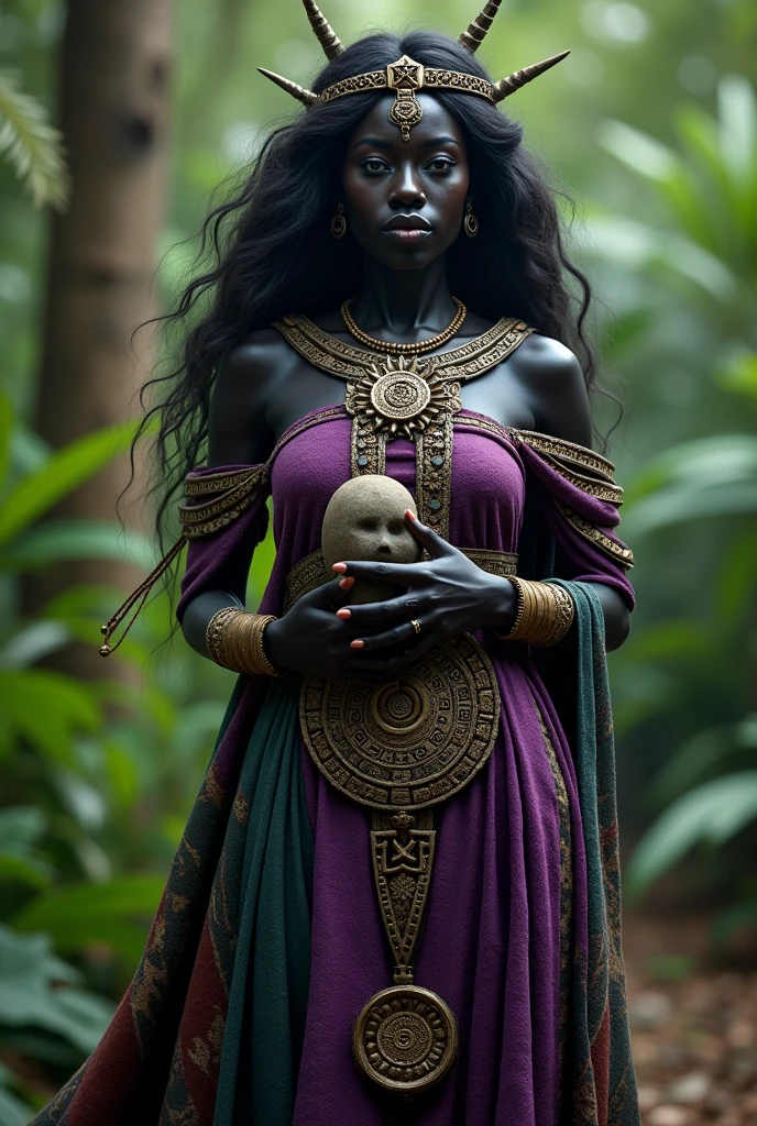 Create the image of the goddess of fertility from Brazilian indigenous culture, skin black, purple and green clothes, holding a small statue of a stone baby.