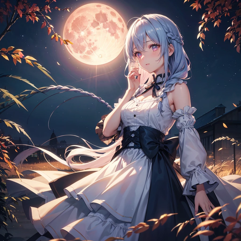 (Braiding),(Sky blue medium hair), (Pink eyes),(Fair skin)  ,(whole body),(One Girl),(harvest moon),(A large amount of Miscanthus sinensis in the background),autumn,(full moon),(masterpiece, Highest quality, Very detailed, Best Shadow), (Detailed Background), (Beautifully detailed face), High Contrast, (Best lighting, Very delicate and beautiful), ((Cinematic Light)), Hyper Detail,8k, Dramatic Light, Intricate details