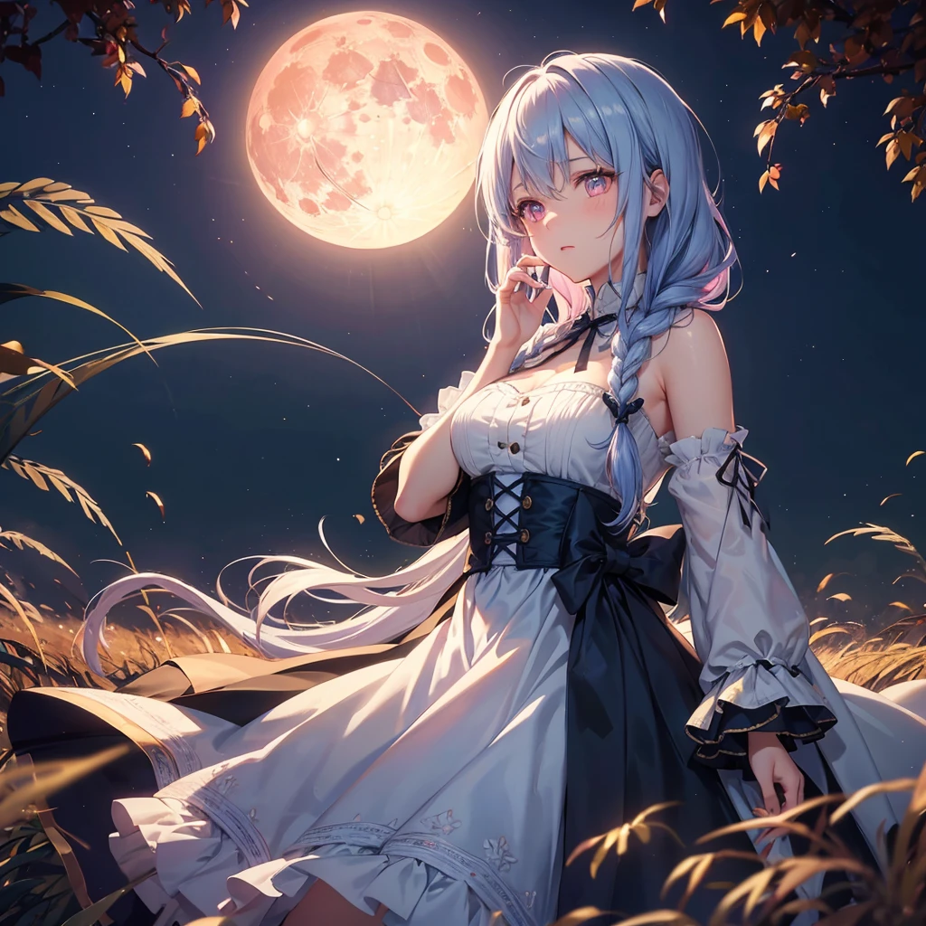 (Braiding),(Sky blue medium hair), (Pink eyes),(Fair skin) ,(whole body),(One Girl),(harvest moon),(A large amount of Miscanthus sinensis in the background),autumn,(full moon),(masterpiece, Highest quality, Very detailed, Best Shadow), (Detailed Background), (Beautifully detailed face), High Contrast, (Best lighting, Very delicate and beautiful), ((Cinematic Light)), Hyper Detail,8k, Dramatic Light, Intricate details