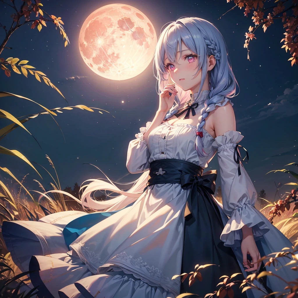 (Braiding),(Sky blue medium hair), (Pink eyes),(Fair skin) ,(whole body),(One Girl),(harvest moon),(A large amount of Miscanthus sinensis in the background),autumn,(full moon),(masterpiece, Highest quality, Very detailed, Best Shadow), (Detailed Background), (Beautifully detailed face), High Contrast, (Best lighting, Very delicate and beautiful), ((Cinematic Light)), Hyper Detail,8k, Dramatic Light, Intricate details