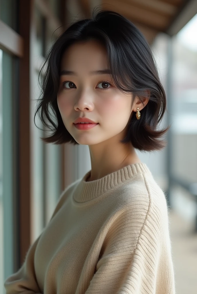 Woman in her 30s, brunette in a sweater, all Japanese chic