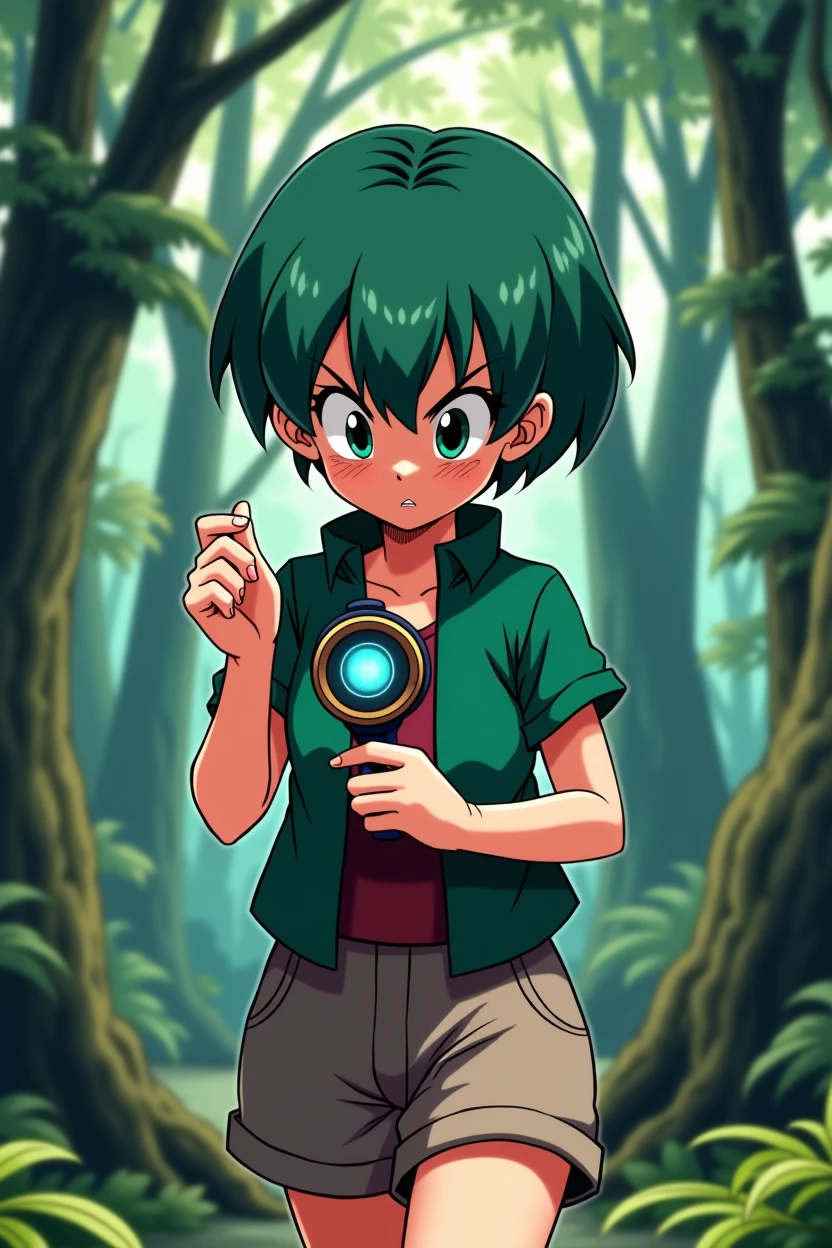 Create an illustration of Bulma from Dragon Ball, walking through a dense forest while looking down at the Dragon Radar in her hand. Bulma should have an intense and focused expression: her eyes are wide open and concentrated, with slightly narrowed pupils, and her eyebrows are furrowed, showing determination. Her body is slightly leaned forward, and the Dragon Radar is close to her face, emitting a soft glow. One hand is holding the radar, while the other is either gesturing or moving a branch out of the way. The forest around her is lush and green, with soft natural light filtering through the trees.