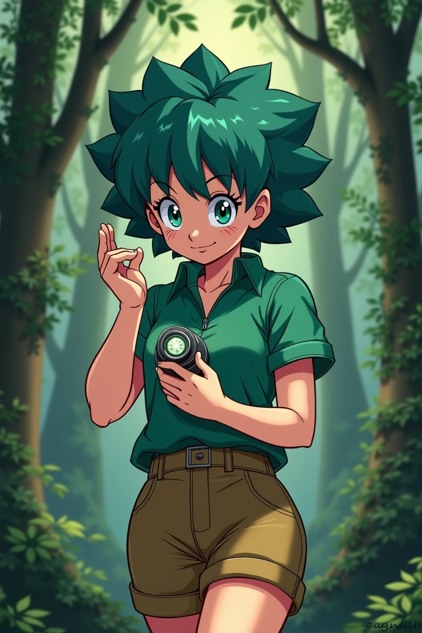 Create an illustration of Bulma from Dragon Ball, walking through a dense forest while looking down at the Dragon Radar in her hand. Bulma should have an intense and focused expression: her eyes are wide open and concentrated, with slightly narrowed pupils, and her eyebrows are furrowed, showing determination. Her body is slightly leaned forward, and the Dragon Radar is close to her face, emitting a soft glow. One hand is holding the radar, while the other is either gesturing or moving a branch out of the way. The forest around her is lush and green, with soft natural light filtering through the trees.