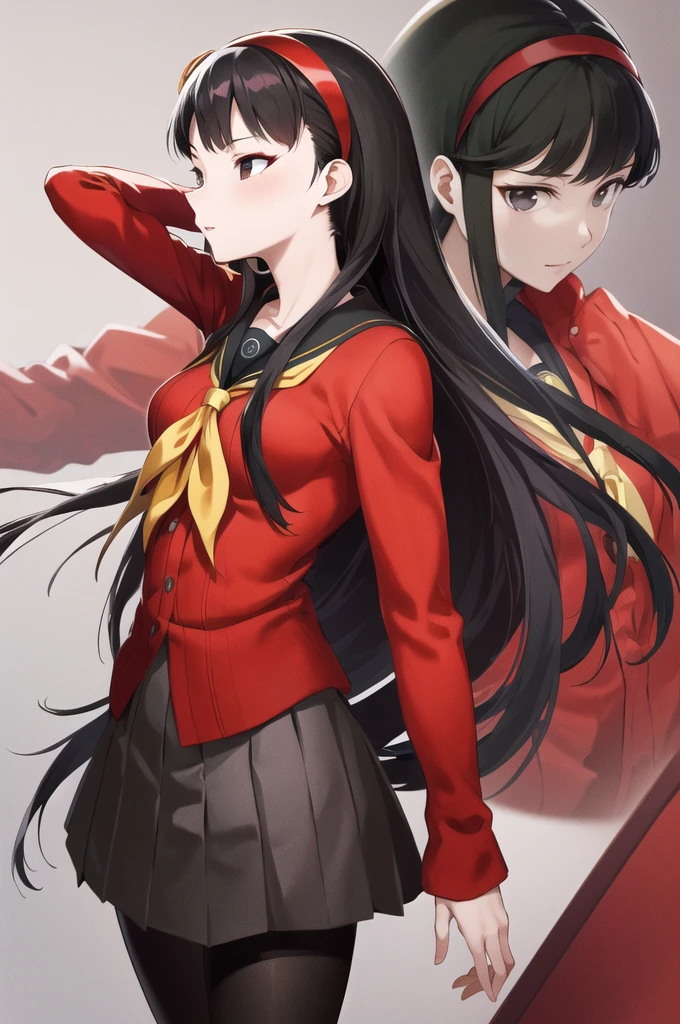 masterpiece, Highest quality, High resolution, yukiko, Long Hair, black eye,Red Hairband, school uniform, Red cardigan, Long sleeve, Black Pantyhose, Reduce the light,With an anime-like touch,Turn off the highlights,Anatomically correct, 