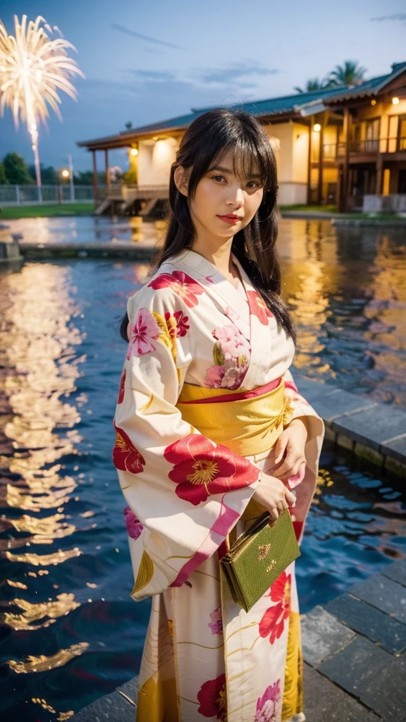 Masterpiece, best quality, ultra high resolution, hyper realistic, realistic, (photorealistic:1.4), masterpiece of analog film photograph a girl, long black hair, blunt bangs, taken by Hideaki Hamada using Pentax 67II and Kodak Portra, medium shot, looking to viewer, standing by a riverside at night, watching fireworks, She is dressed in a traditional, elegant yukata with a floral pattern and an obi sash, The background shows colorful fireworks lighting up the night sky, reflections on the water, and people in the background enjoying the festival, High-resolution, realistic depiction, with a touch of elegance and allure, anatomically correct