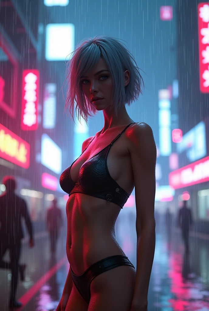 ((Highest quality、8k、masterpiece：1.3))、Sharpness：1.2、Perfect body beauty：1.4、Slim Abs：1.2、((Short Hairstyles、Gray Hair、Big Breasts：1.2))、NUDE 、Whole body、(Neon city at night：1.2)、rain：1.5、Highly detailed face and skin texture、Fine particles、