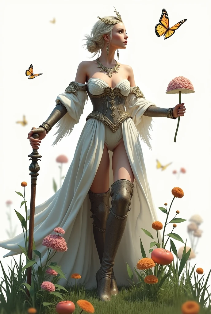 ((Extremely detailed)),(Extremely detailed),(), Chiaroscuro, Extremely detailed CG unity 8k wallpaper, Gwendolyn, Hip feathers, Holding lever arm, Off-shoulder dress, crown, Separate sleeves, Necklace, Armor over the knee boots, Feather bun, Future-proof, Looking at the audience, White background, Vulnerabilities, Butterfly, Grass, Hydrangea, leaf, mushroom, nature, plant, apple, Look away, look up, from above,