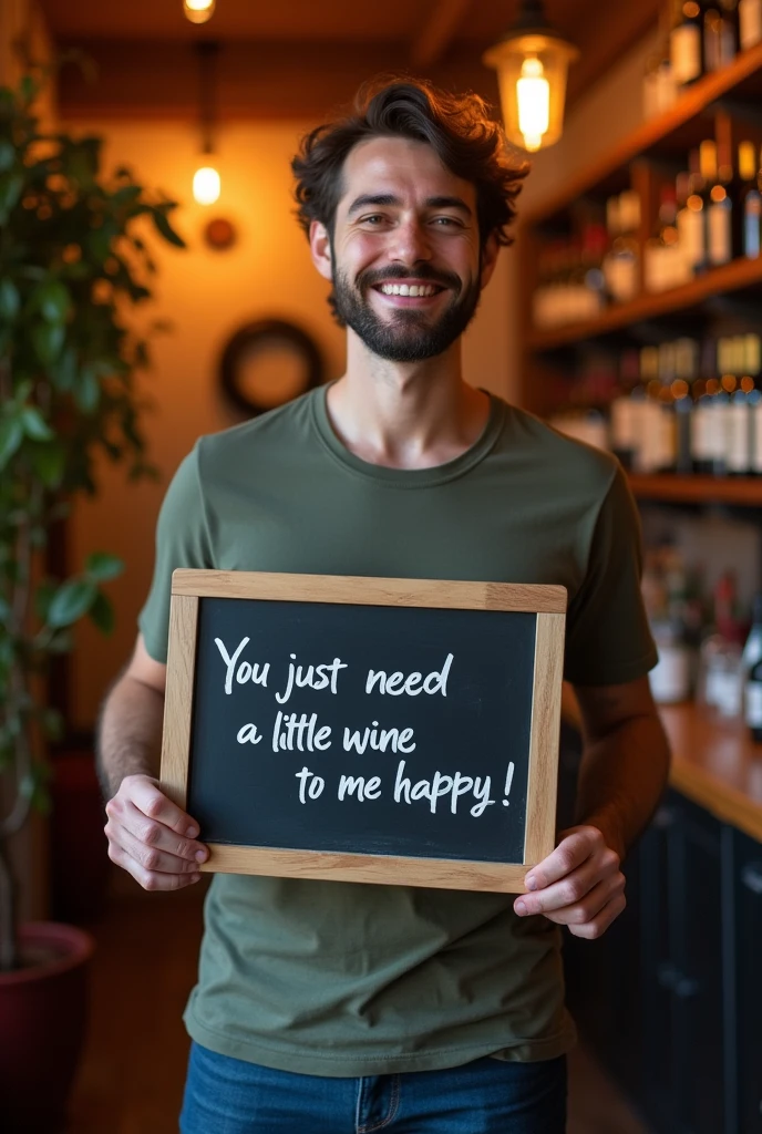 A smiling individual, standing, holding a blackboard in his hand. On the blackboard, written in chalk in a casual calligraphy, the phrase is read: 'You just need a little wine to be happy'. The background is warm and cozy, evoking a relaxed atmosphere, like a wine cellar or a cafe at sunset. The person is wearing casual clothes, with a relaxed style, and his expression reflects tranquility and satisfaction.
