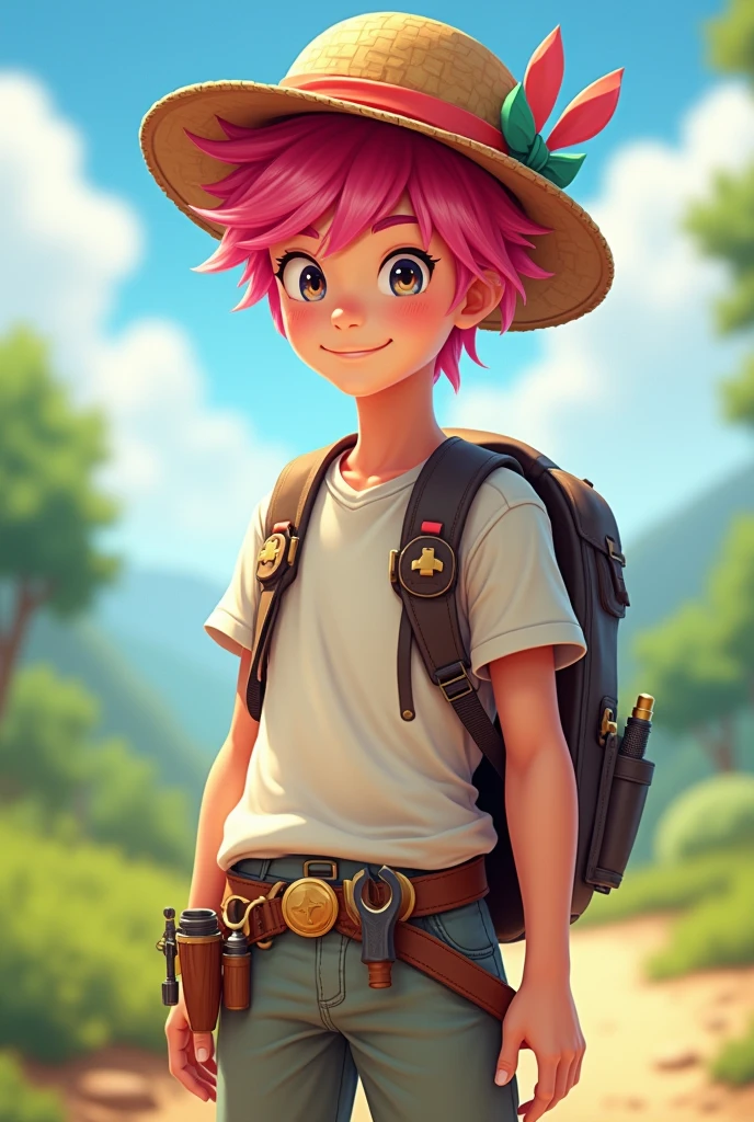 Boy with confident smile, wearing a straw hat that has a colorful ribbon. Her pink hair shines in the sun, and he wears a short-sleeved shirt and light pants, both in light tones. Para completar o visual, he may have a belt around his waist that holds small adventure tools 16 year old teenager

