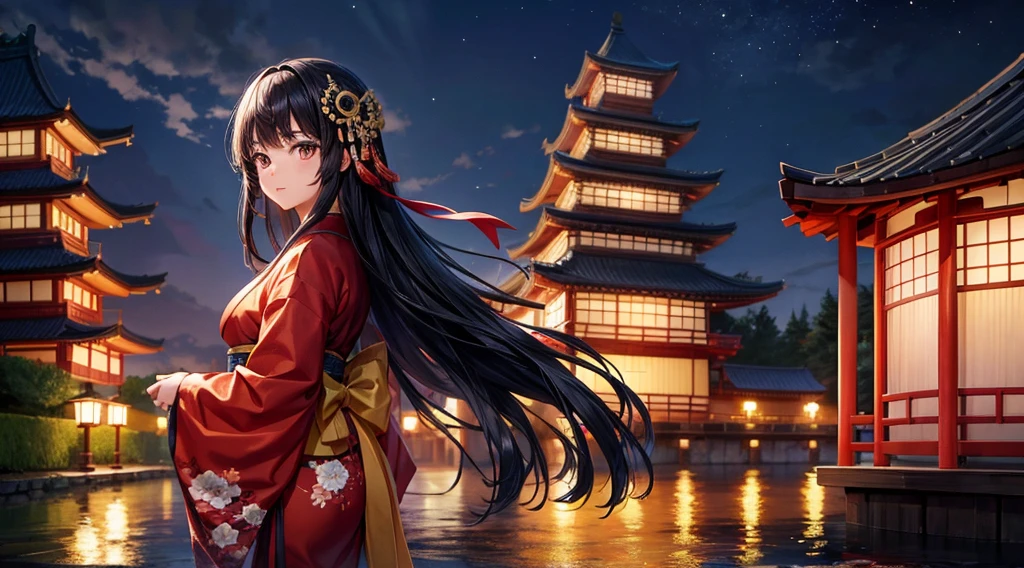 One girl, Long black hair, Brown eyes, Wearing a beautiful Japanese kimono, castle town,night,High resolution, Super sharp, 8k, masterpiece, View your viewers
