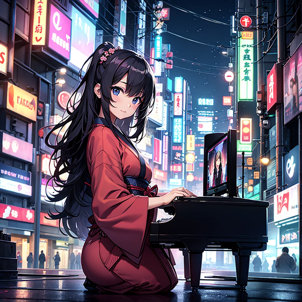 japanese pianist girl on a neon city 