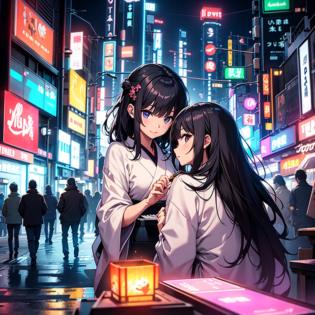 japanese pianist girl on a neon city