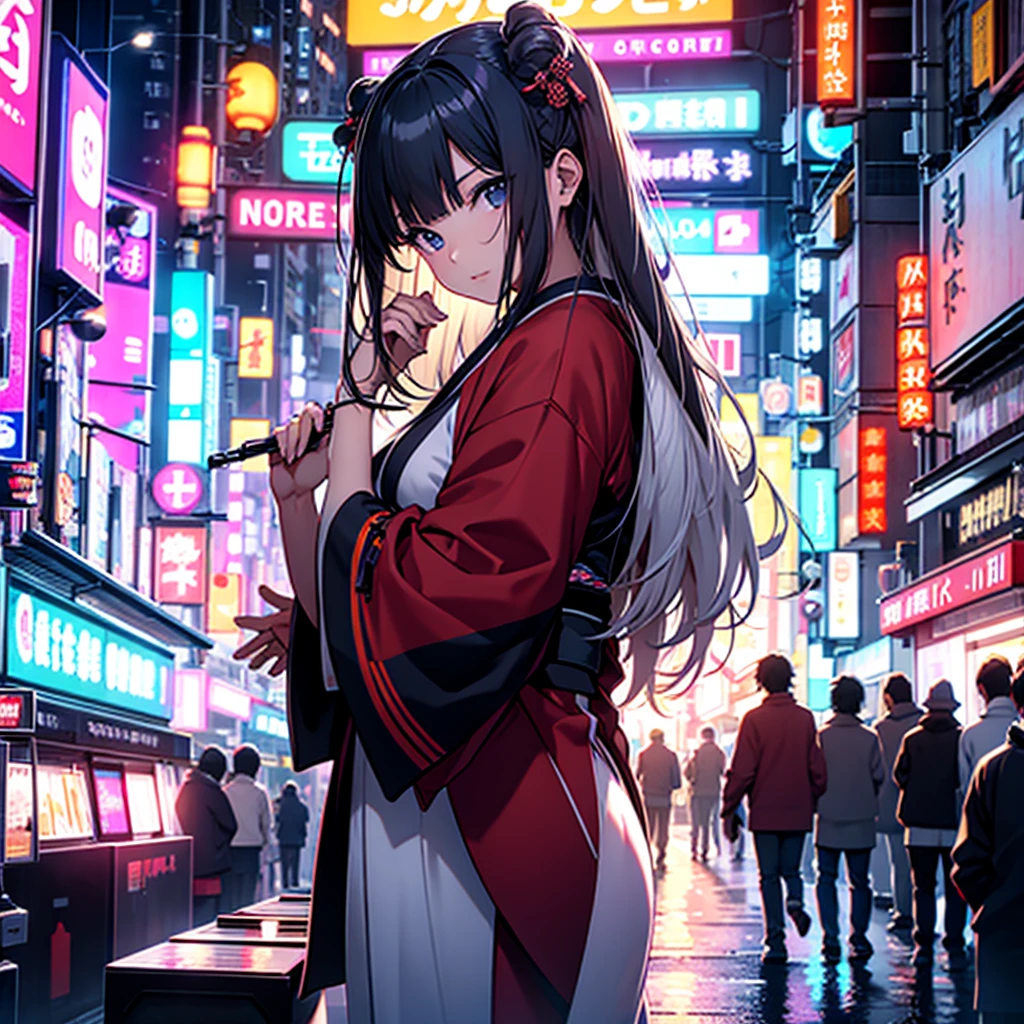 japanese pianist girl on a neon city