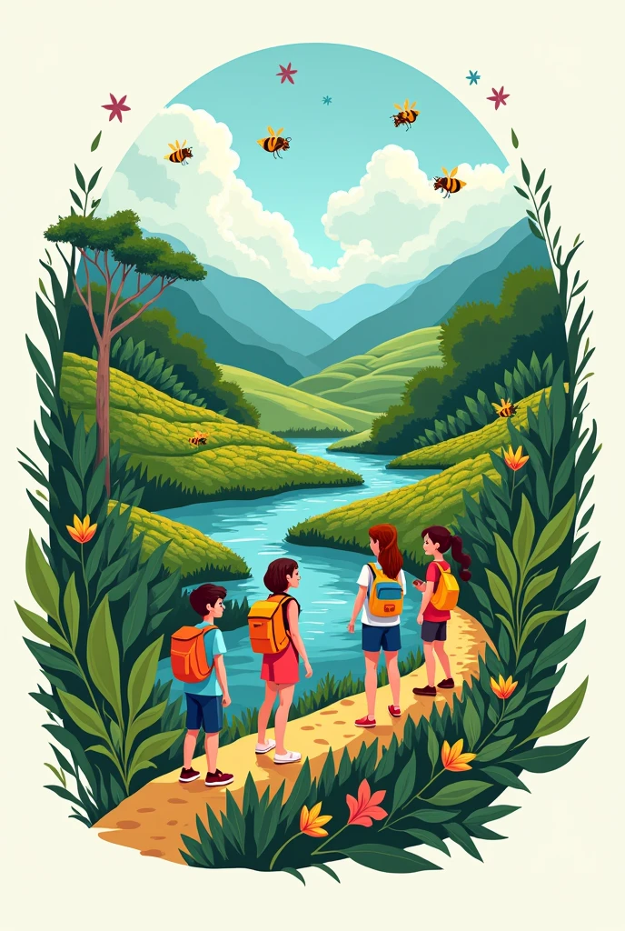 Logo for an eco-explorer association for children, youth and women next to a river with bees and a coffee plantation